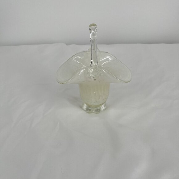 Vintage Clear Glass White Confetti Hand Blown Basket with Handle - Picture 1 of 5